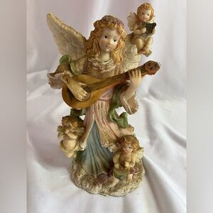 Angel Figurine with Guitar and Cherubs